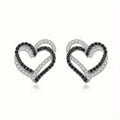Silver Open Heart Stud Earrings Black White CZ Metal view 1