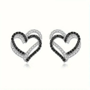 Silver Open Heart Stud Earrings Black White CZ Metal