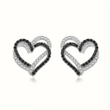 Silver Open Heart Stud Earrings Black White CZ Metal