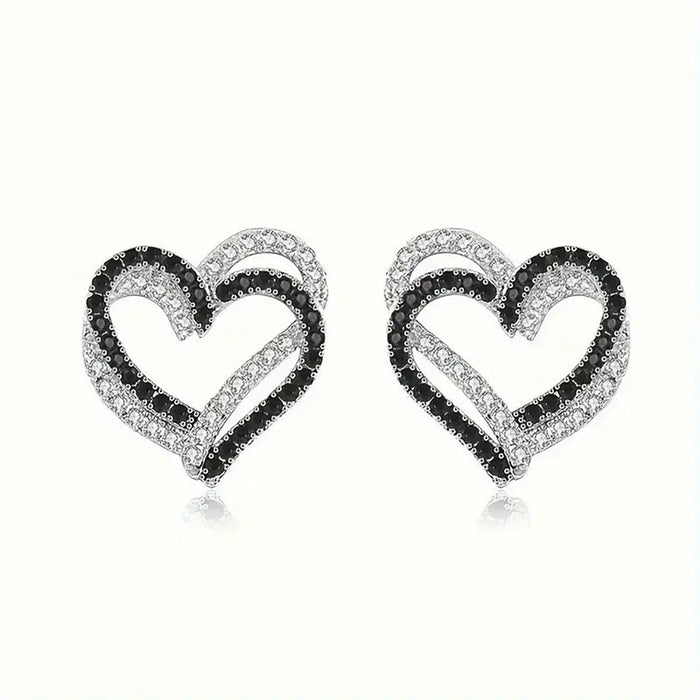 Silver Open Heart Stud Earrings Black White CZ Metal