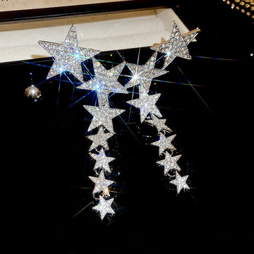 Silver Crystal Star Chain Tassel Stud Earrings With Decorative Details