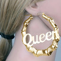 Queen Script Bamboo Hoop Earrings In Two Metal Tones view 2