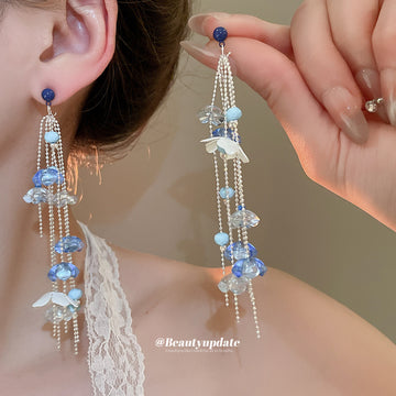 Blue Floral Bead And Chain Long Tassel Stud Earrings