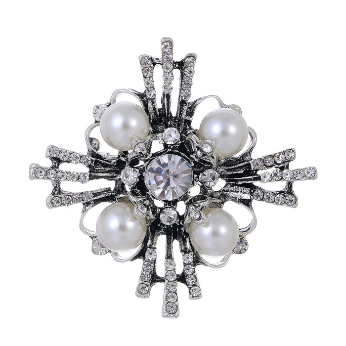 White Cross Geometric Crystal Pearl Look Metal Brooch Pin