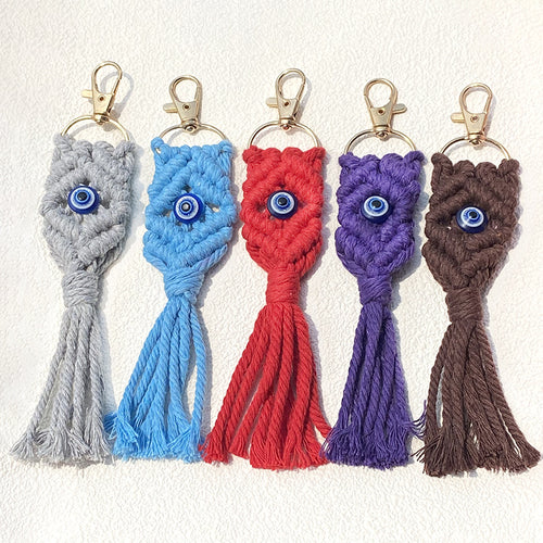 Close-up showing the colors and surface details of macrame Evil Eye Tassel Clip Keychains in Seven Colors