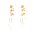 Gold and Silver Bamboo Leaf Long Chain Tassel Stud Earrings view 5