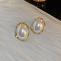 Oval Pearl Gold Tone Framed Stud Earrings Fashion Jewelry view 6