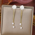 White Flower Pearl Tassel Drop Earrings Gold Snake Chains view 6