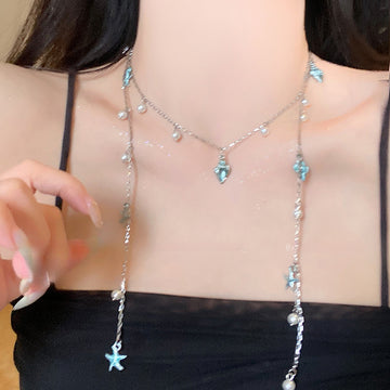 Silver Blue Starfish Conch Pearl Multi Strand Tassel Necklace