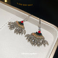 Silver Tone Beaded Fan Drop Earrings with Red and Black Accents view 4