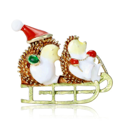 Front view of two hedgehogs in a green sleigh, one wearing a red Santa hat