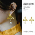 Fan Drop Earrings with Faux Pearl Accent in Two Finishes view 6