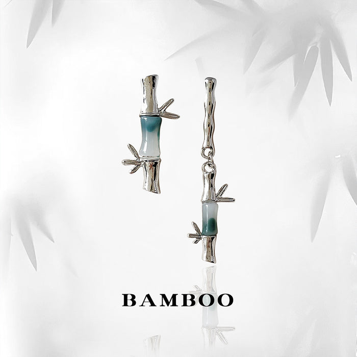 Silver-Tone Asymmetric Bamboo Drop Earrings Teal Accent