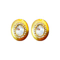 Gold Tone Brushed Oval Stud Earrings With Clear Crystal Centers view 5