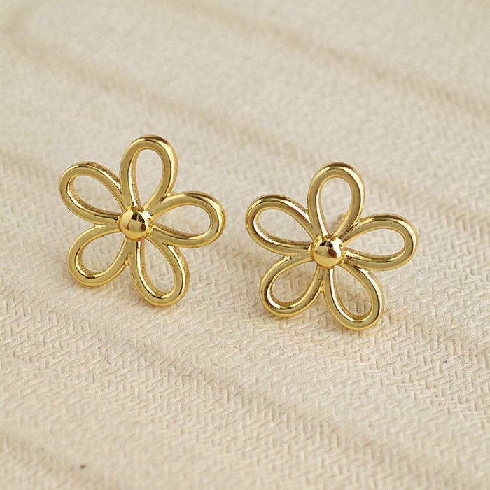 Open Outline Five Petal Flower Stud Earrings in Gold Tone