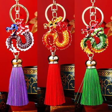 Enamel Coiled Chinese Dragon Tassel Keychains in Ten Colors plus Assorted