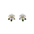 White Enamel Camellia Flower Stud Earrings Green Leaves view 5