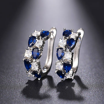 Blue or Green Teardrop CZ Silver Huggie Hoop Earrings