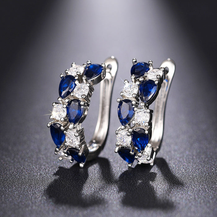 Blue or Green Teardrop CZ Silver Huggie Hoop Earrings