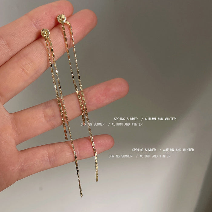 Gold And Silver Tone Double Chain Long Tassel Stud Earrings