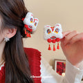 White Flocked Lion Dance Hair Clip Red Pom Bells Tassels view 3