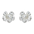 Silver Textured Five Petal Pearl Flower Stud Earrings view 5