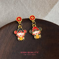 Gold Enamel Fortune God Drop Earrings Asymmetric Pair view 1