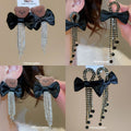 Black Bow Bear Stud Earrings With Chain Tassel Drops view 1