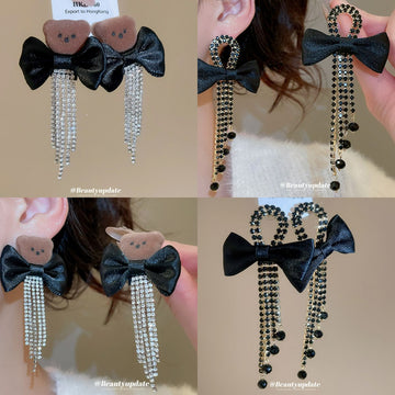 Black Bow Bear Stud Earrings With Chain Tassel Drops