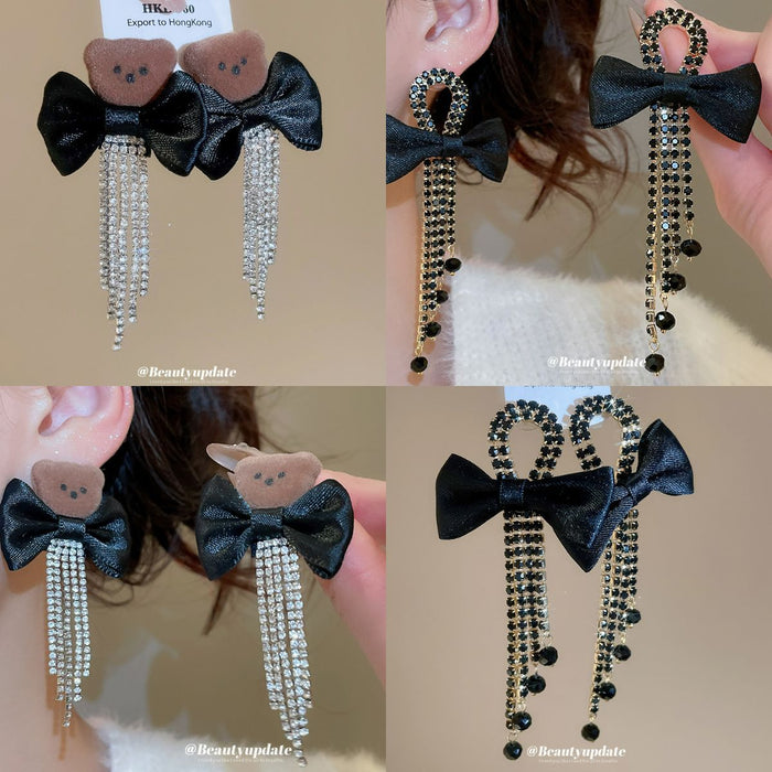 Black Bow Bear Stud Earrings With Chain Tassel Drops