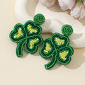 Green Seed Bead Three-Leaf Clover Drop Earrings With Pearl Beads view 1