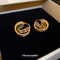 Rainbow Crystal Huggie Earrings with Layered Gold Tone Hoops view 3