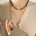 Black Glass Bead Necklace White Pearl Center Gold Accents view 4