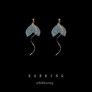 Gold Tone White Translucent Fishtail Long Wavy Bar Drop Earrings