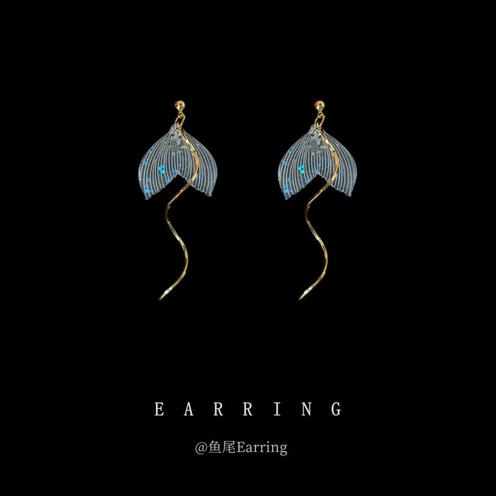 Gold Tone White Translucent Fishtail Long Wavy Bar Drop Earrings