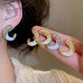 Pair of Metal Tone Purple Enamel Textured C-Shaped Stud Earrings view 2