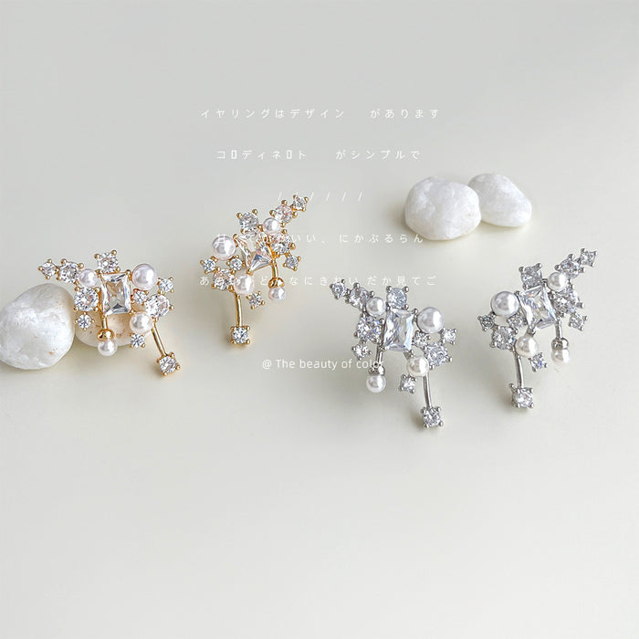 Crystal Pearl Cluster Ear Climber Studs Gold Silver