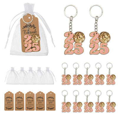 A packaged pink 2025 keychain is shown with multiple keychains, sheer bags, and thank-you tags.