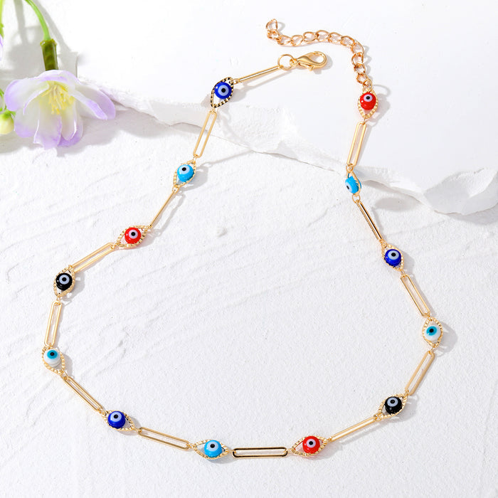 Gold Tone Multicolor Evil Eye Link Bracelet and Necklace Options