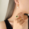 Crystal Bridge Hoop Earrings with White Pearl Drop in Gold Tone view 3