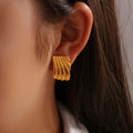 Ribbed Square Stud Earrings Gold And Steel Tone Metal view 3