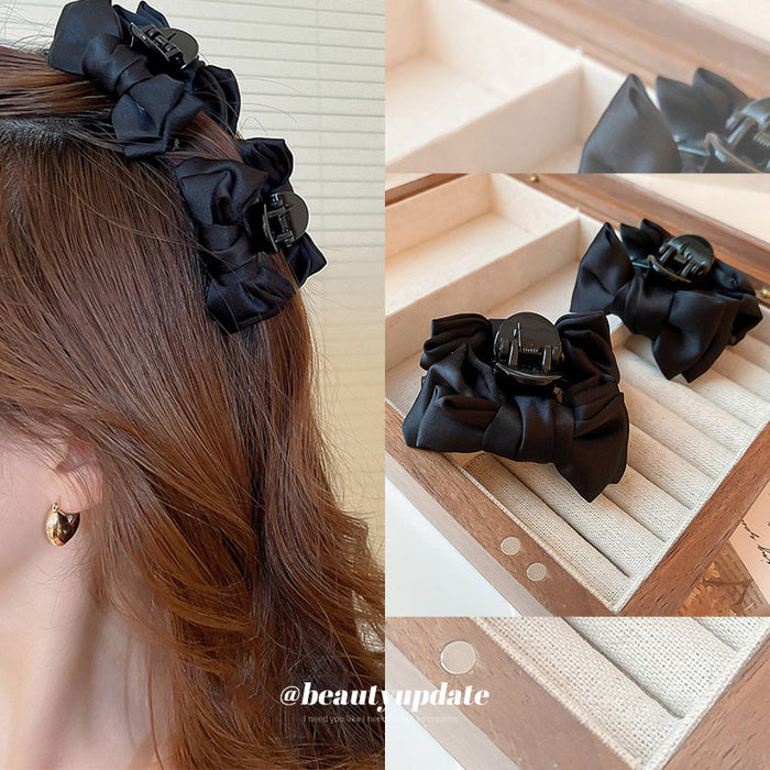 Black Satin Bow Hair Claw With Layered Loops And Knotted Center