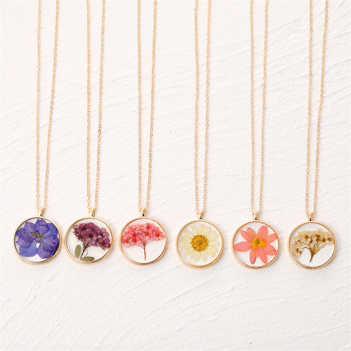 Gold Tone Round Clear Resin Pressed Flower Pendant Necklaces in Six Designs