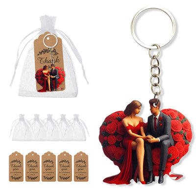 Couple on rose heart wood keychain with bags and kraft tags