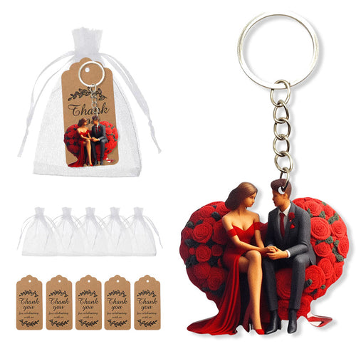 Couple on rose heart wood keychain with bags and kraft tags