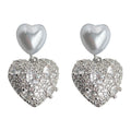 Silver Tone Dual Heart Pearl Pave CZ Drop Earrings view 5