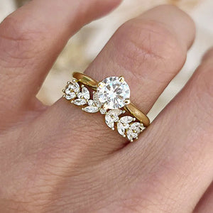 Round Clear Solitaire Leaf Band Stackable Ring Set Pair
