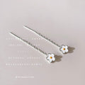 Silver Flower Threader Earrings White Enamel Yellow Center view 2