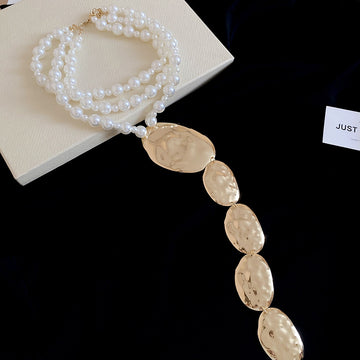 Pearl Necklace with Textured Oval Links in Gold and Silver