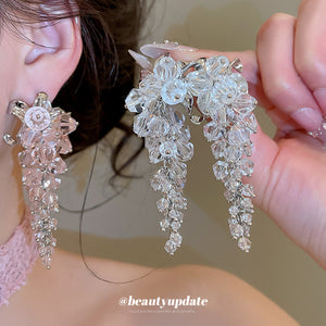 Floral Crystal Cascade Stud Earrings in Pink and Clear